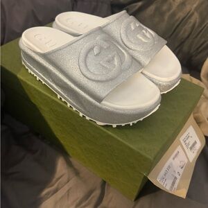 Gucci Silver Glitter Platform Slides with Embossed Logo